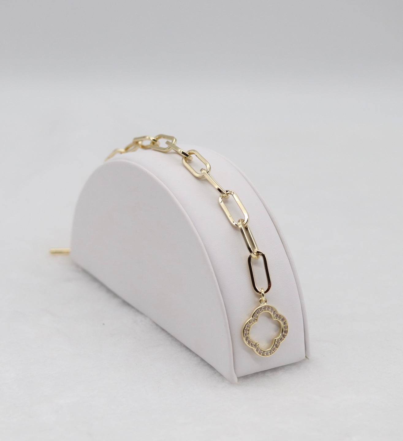 Gold Paperclip Bracelet with CZ Clover Toggle