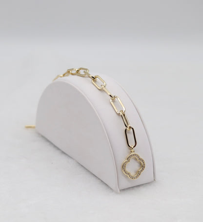 Gold Paperclip Bracelet with CZ Clover Toggle