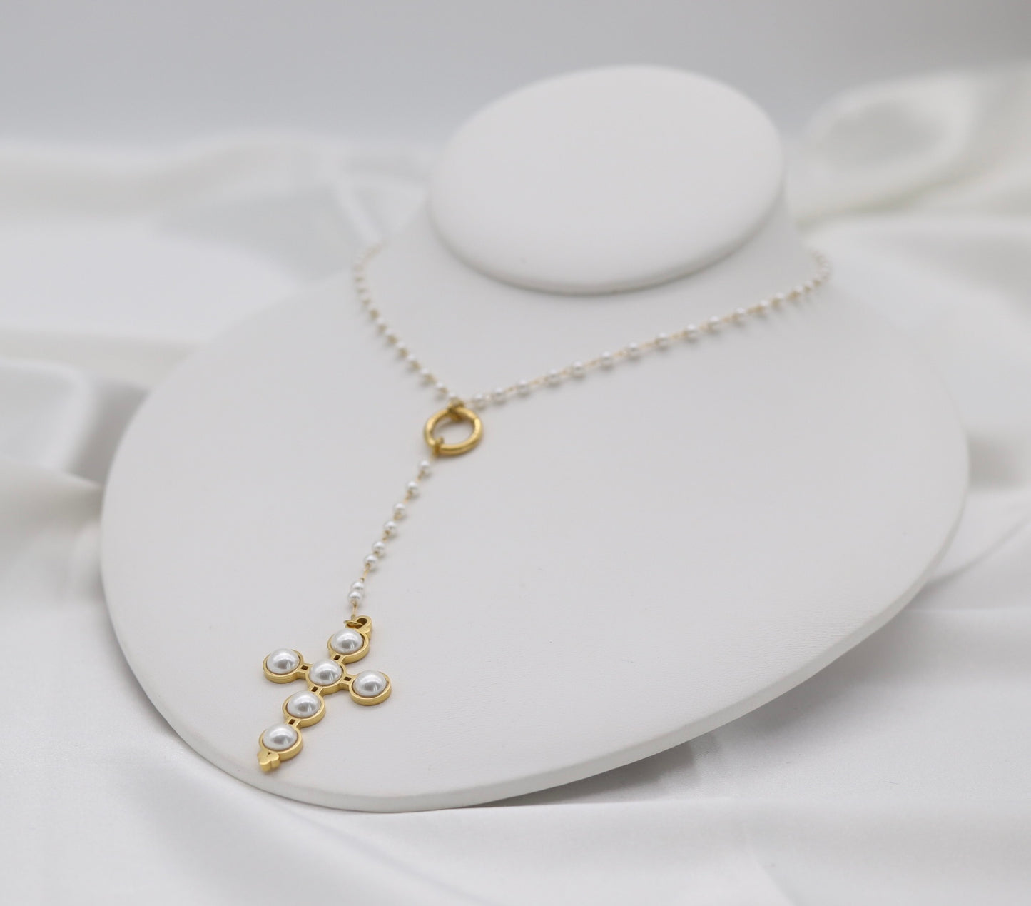 Pearl Beaded Cross Drop Necklace – Gold Tone Y-Style Statement