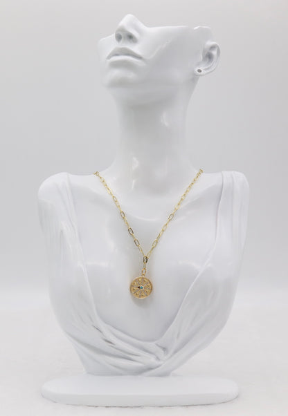 Gold Compass Pendant Necklace – Dainty Crystal Medallion with Evil Eye Detail