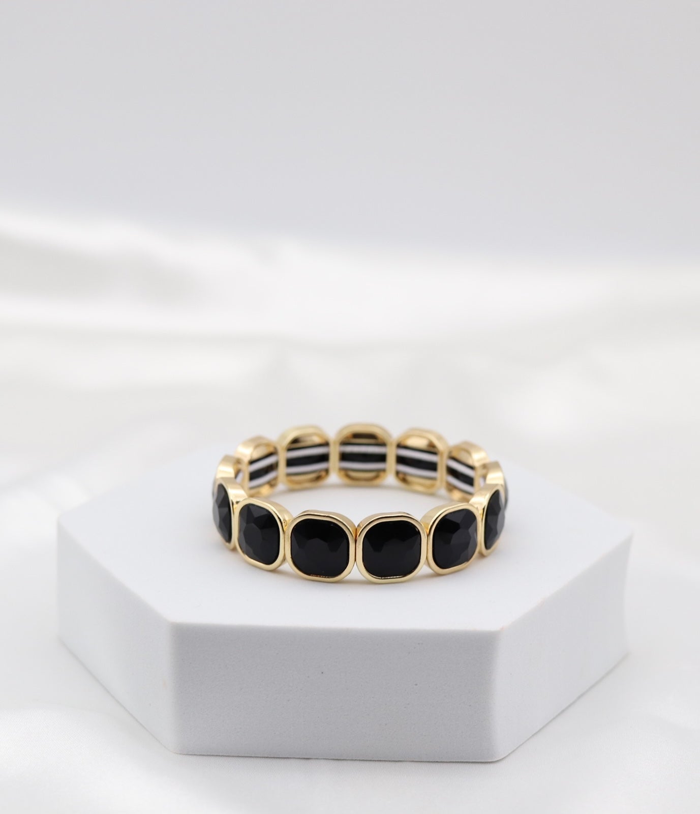 Black Faceted Stone & Gold Stretch Bracelet