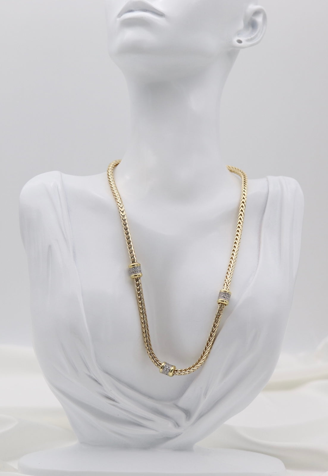 Gold Tone Woven Collar Necklace with Crystal Accent Rings
