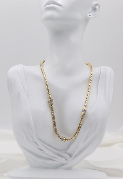 Gold Tone Woven Collar Necklace with Crystal Accent Rings