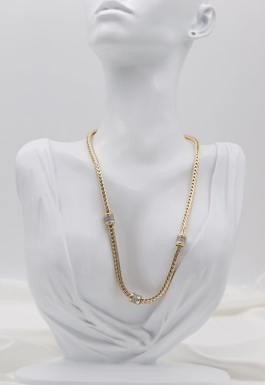 Gold Tone Woven Collar Necklace with Crystal Accent Rings