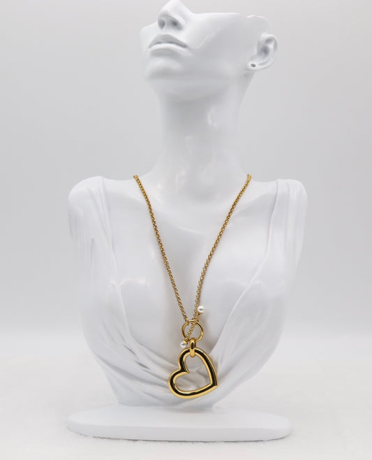 Gold Heart Pendant Necklace with Pearl Accents