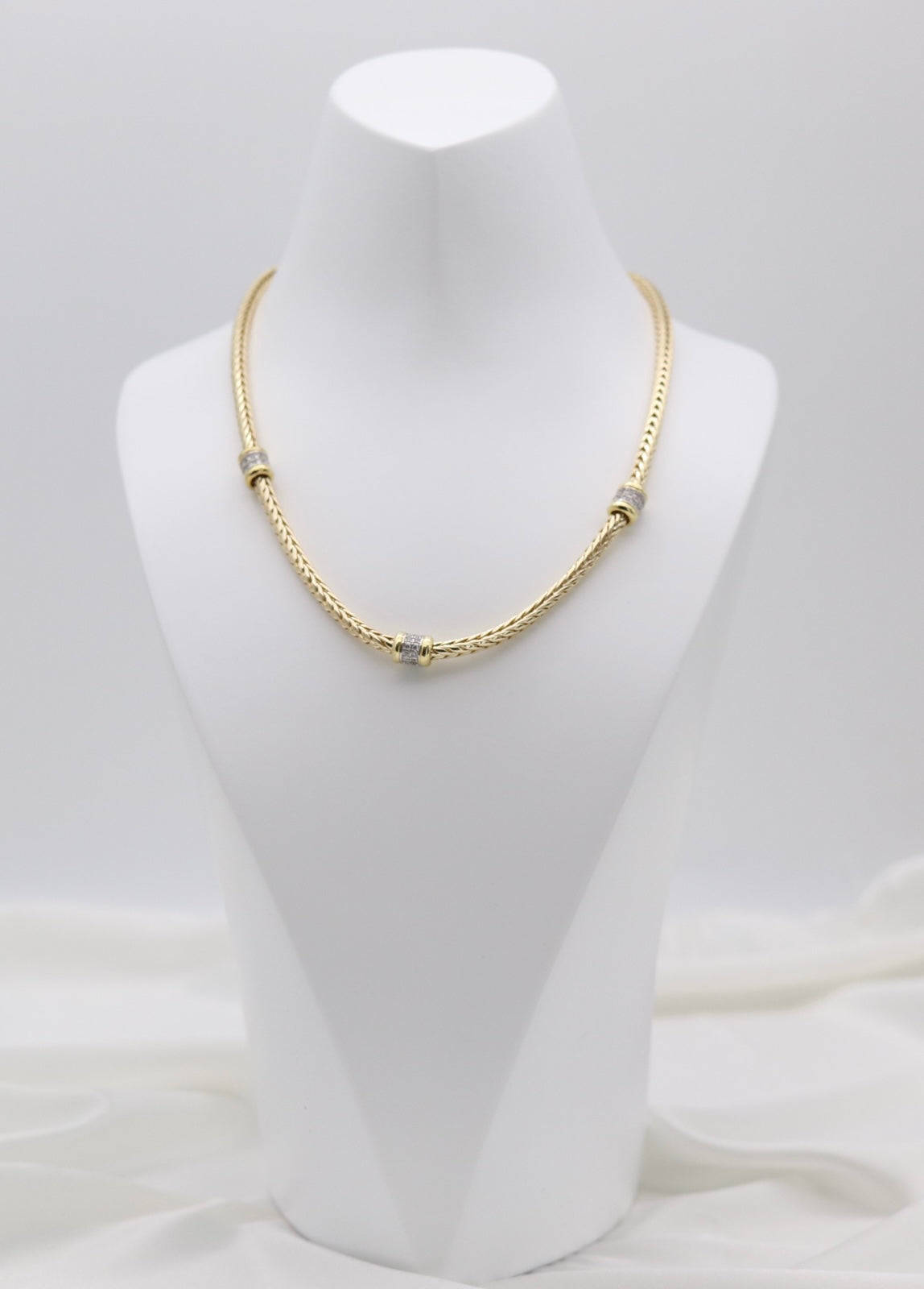 Gold Tone Woven Collar Necklace with Crystal Accent Rings