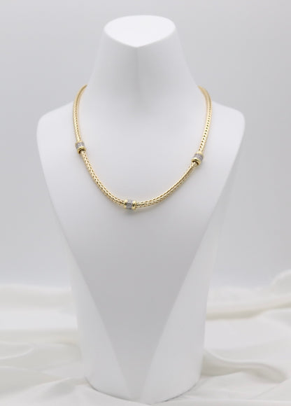 Gold Tone Woven Collar Necklace with Crystal Accent Rings