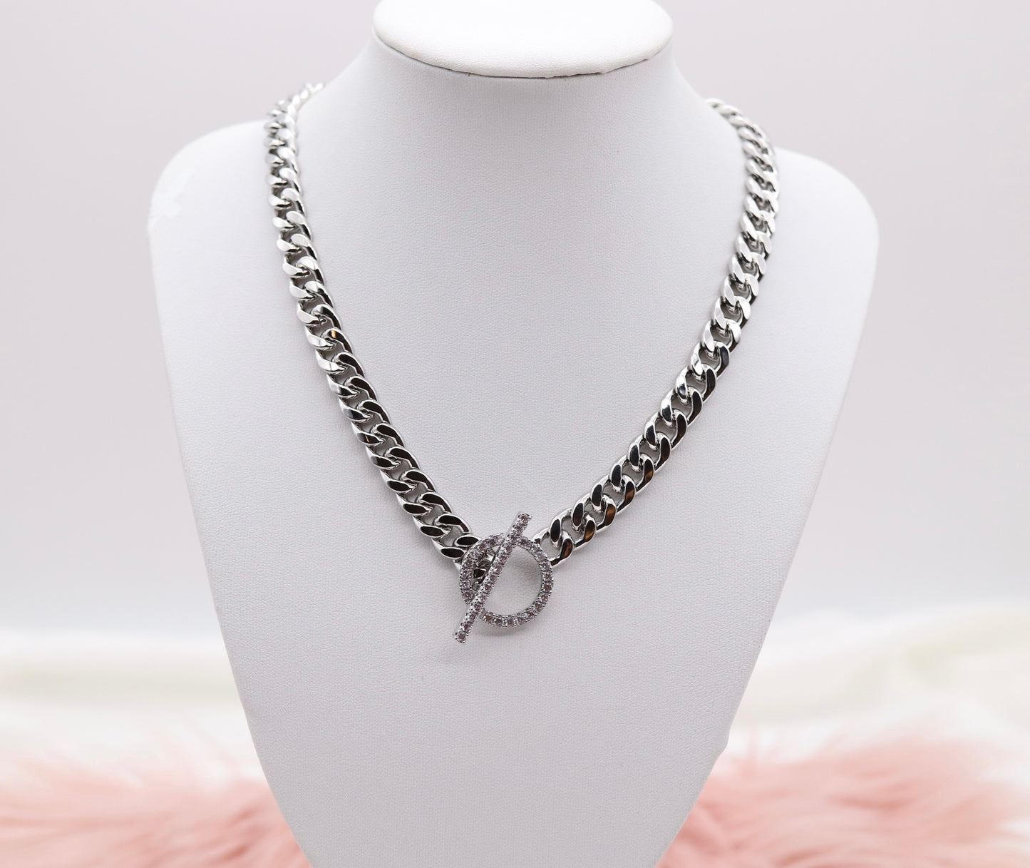 Curb Chain CZ Pave Toggle Necklace Silver