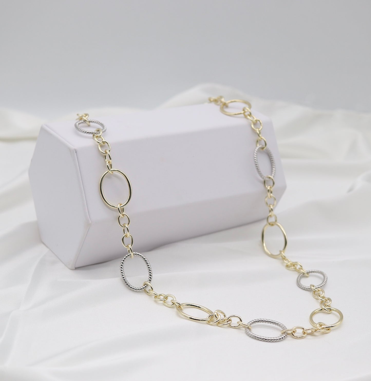 Gold & Silver Oval Link Chain Necklace – Textured Mixed Metal