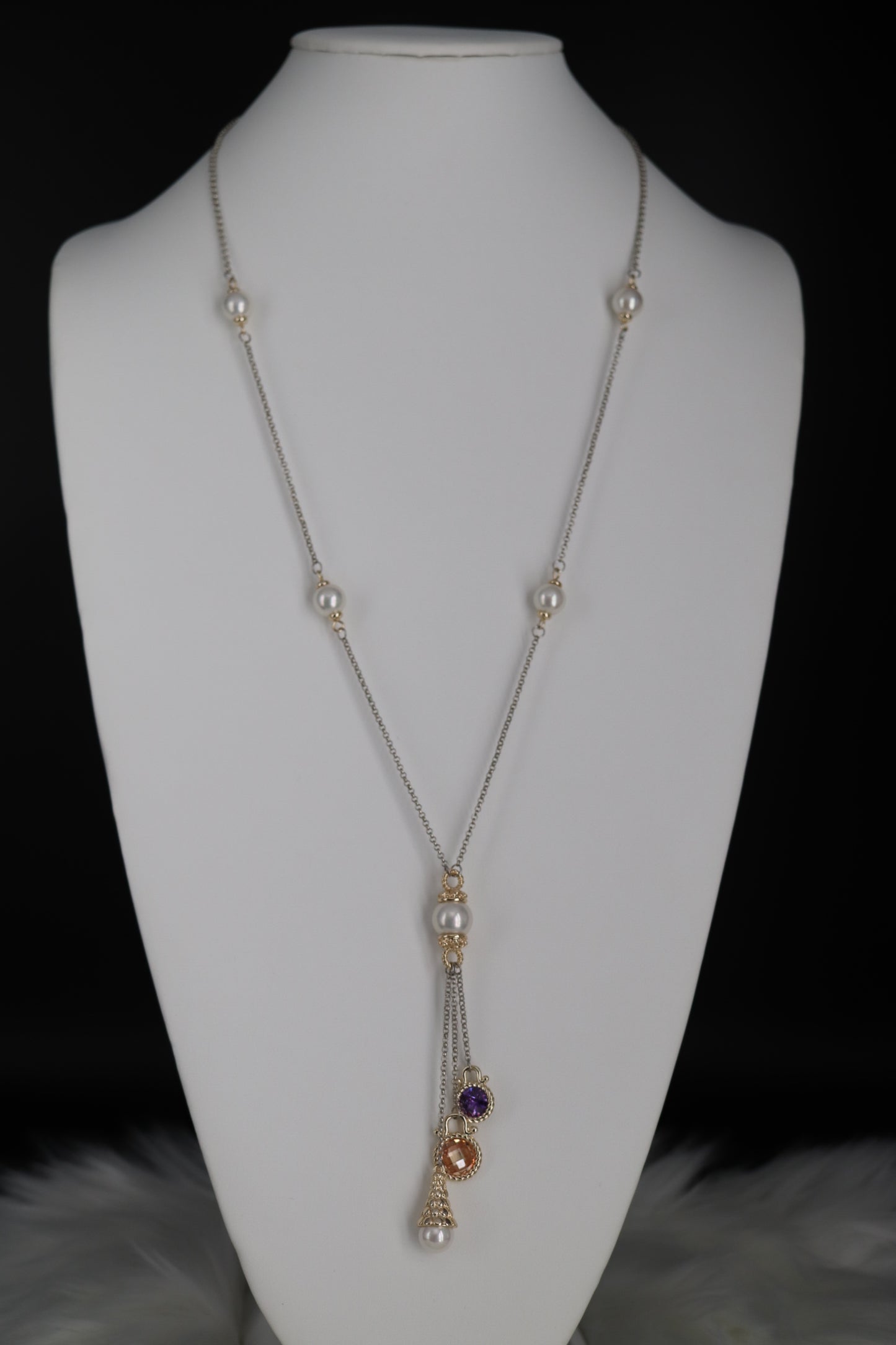 Silver Necklace Pearl Stations With Purple and Light Pink Tassel