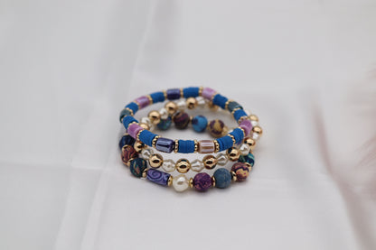 Gold Bright Purple Blue Bead 3 Piece Bracelet Set