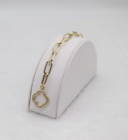 Gold Paperclip Bracelet with CZ Clover Toggle