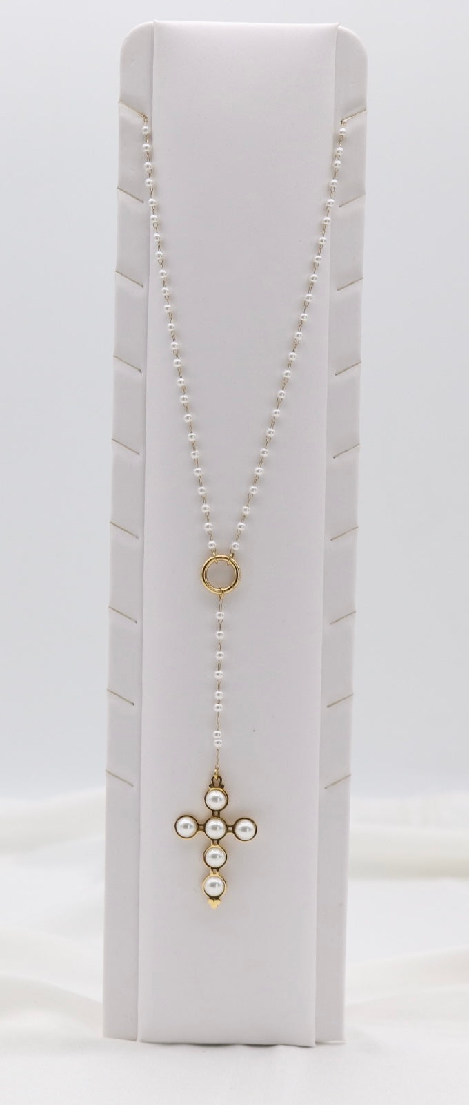 Pearl Beaded Cross Drop Necklace – Gold Tone Y-Style Statement