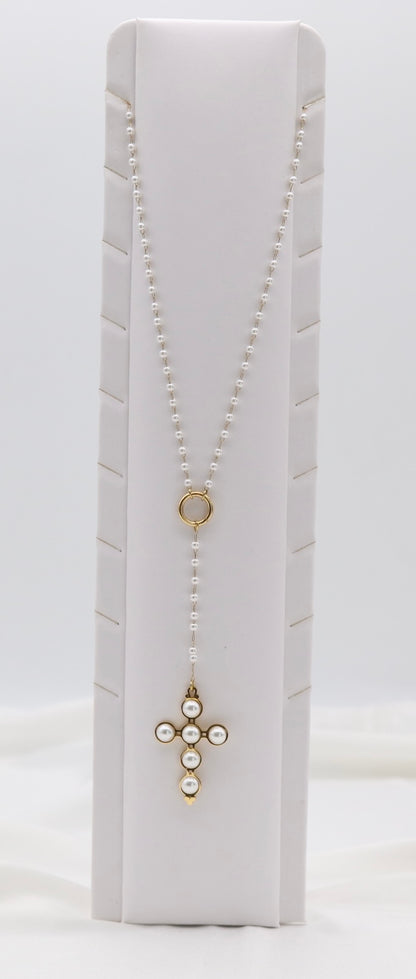 Pearl Beaded Cross Drop Necklace – Gold Tone Y-Style Statement
