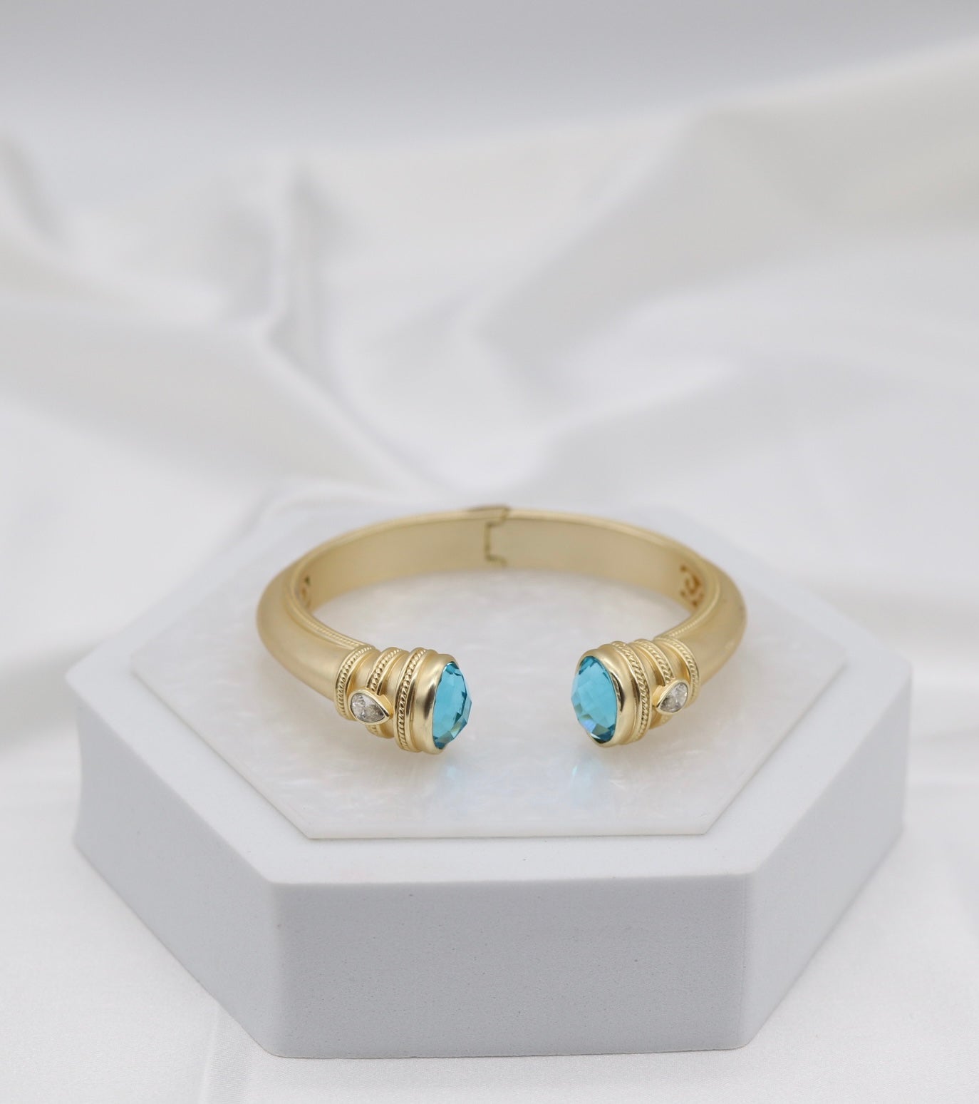 Aqua Blue Gemstone Gold Cuff Bracelet
