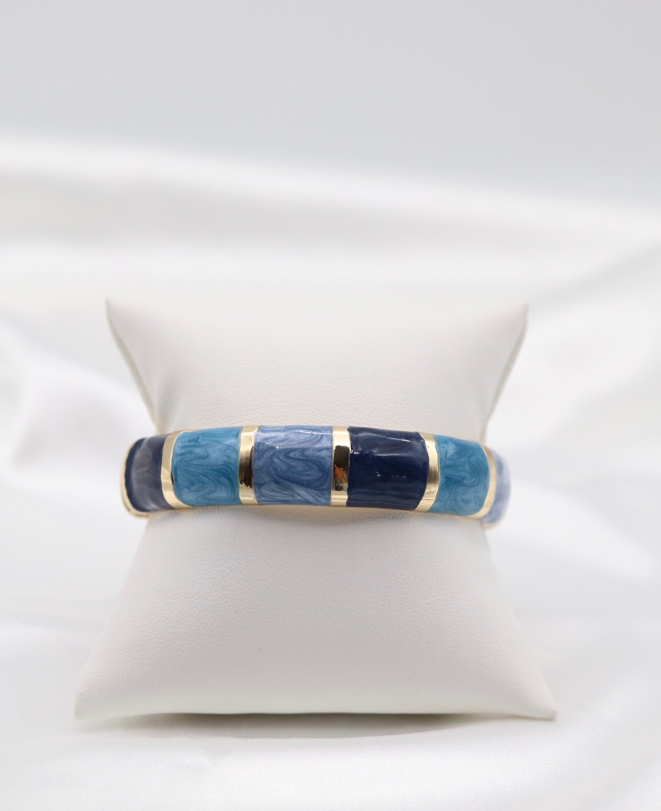 Gold Blue Multi-Tone Enamel Hinged Bangle Bracelet