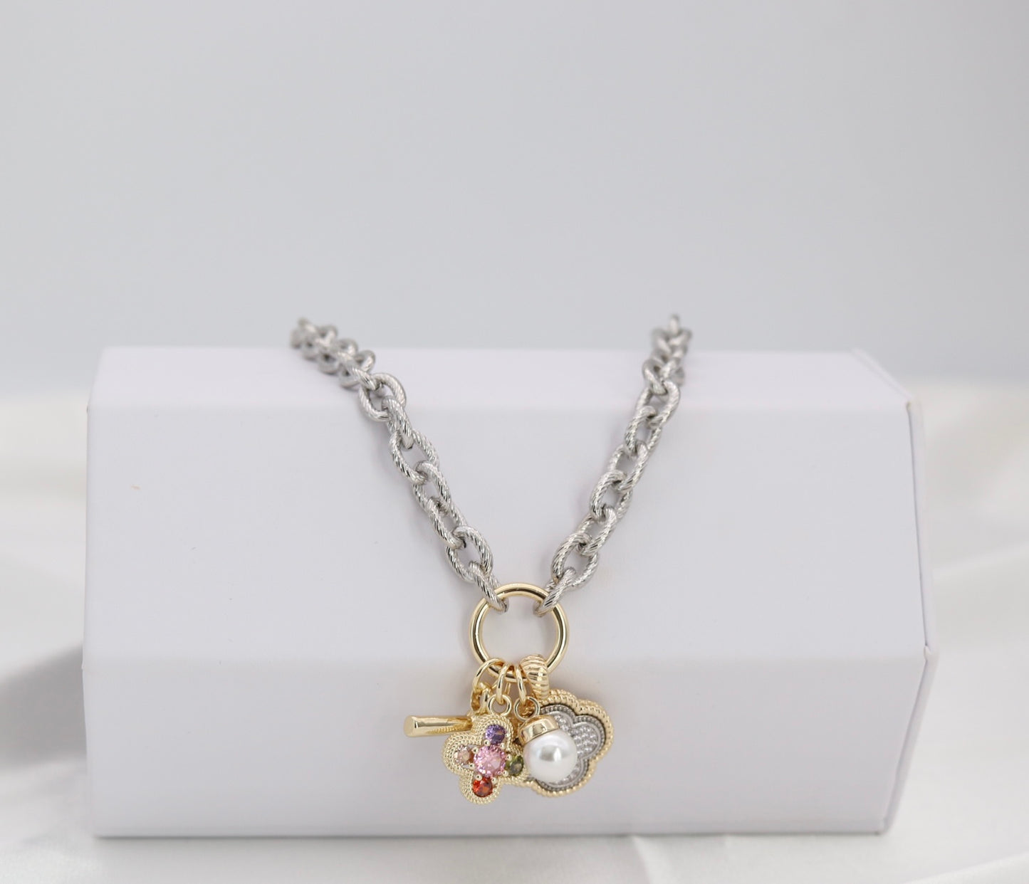 Silver Rope Chain Charm Necklace with Gold Accents & Multi-Charm Cluster