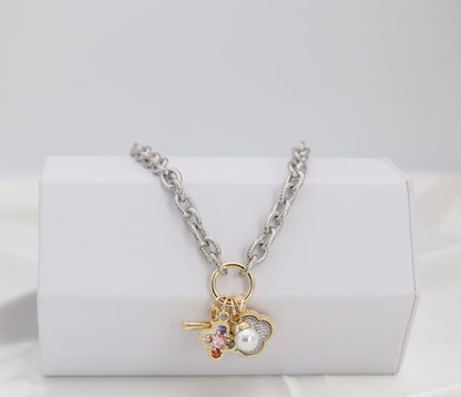 Silver Rope Chain Charm Necklace with Gold Accents & Multi-Charm Cluster