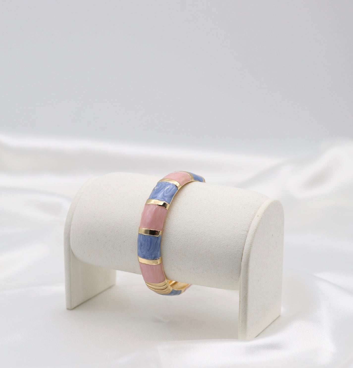Gold Pink & Blue Multi-Tone Enamel Hinged Bangle Bracelet