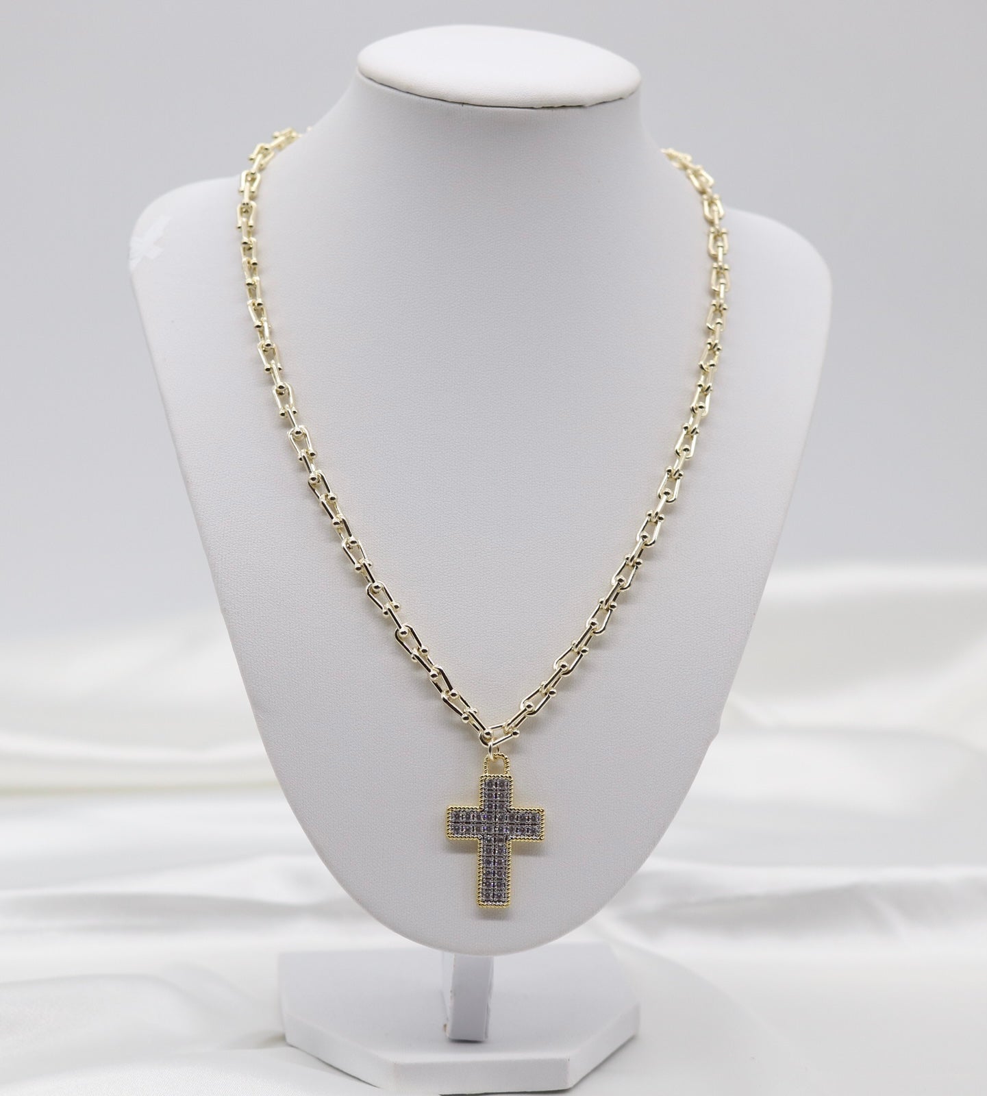 Gold Graduate Link Necklace with CZ Paved Cross Pendant