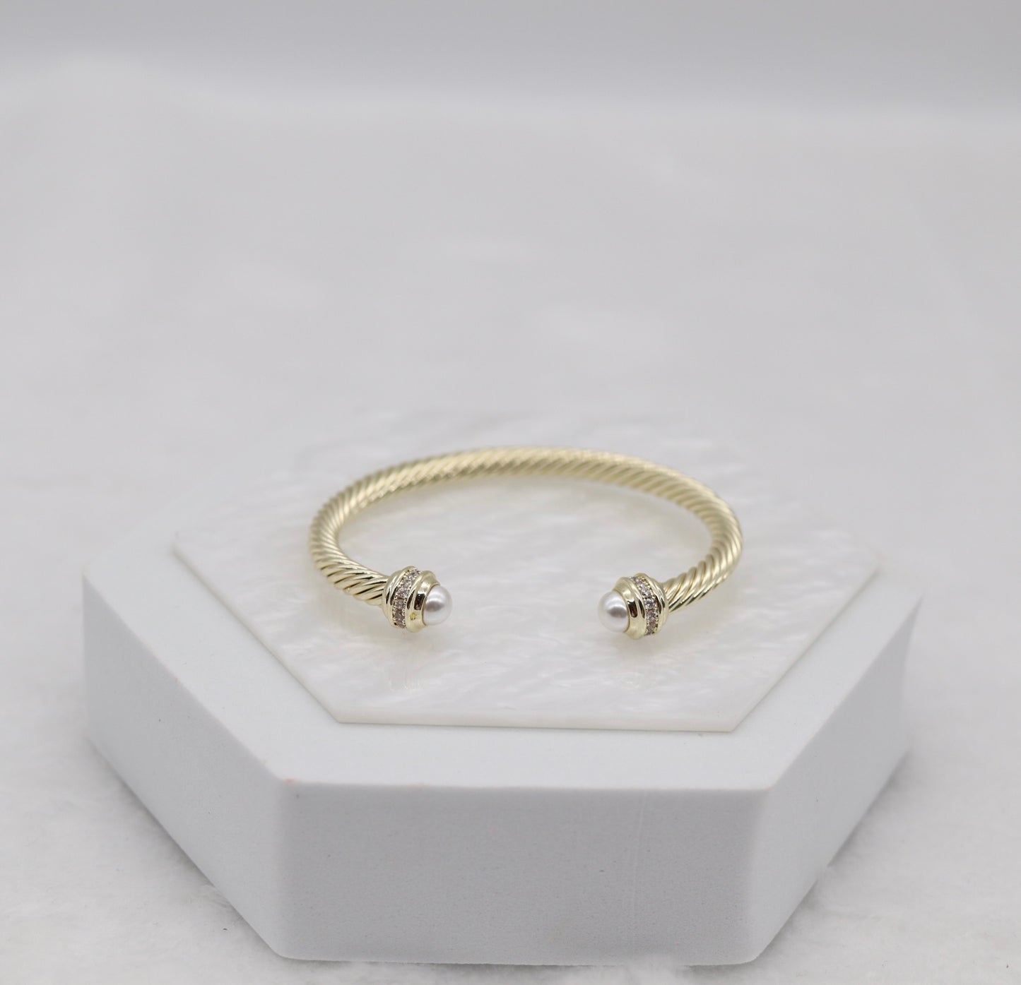 Gold Cable Cuff Bracelet with Pearl and Crystal Accents