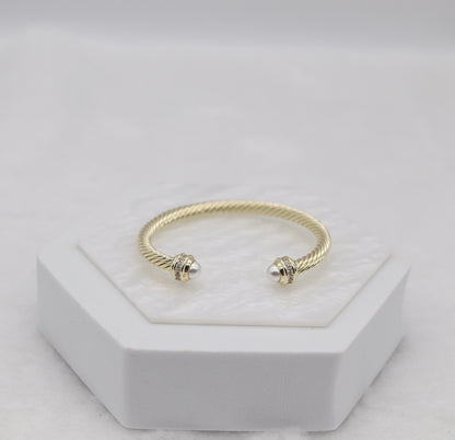Gold Cable Cuff Bracelet with Pearl and Crystal Accents