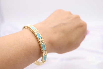 Gold Hinge Bangle Braclet With Turquoise And CZ Paved Stations