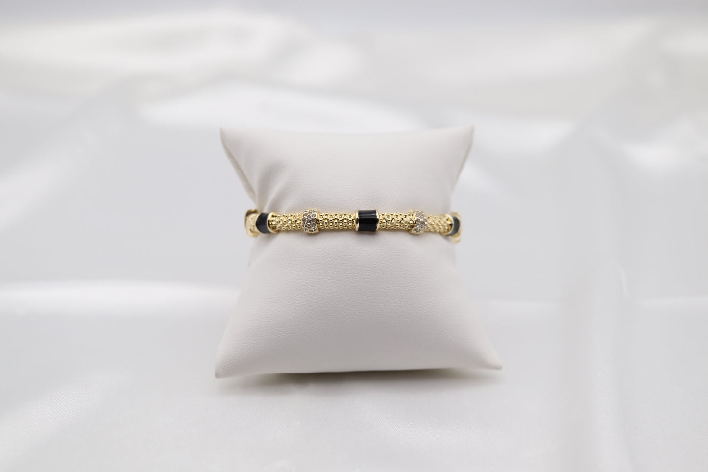 Black Enamel & Crystal Gold Beaded Bangle Bracelet | Elegant Stackable Bracelet for Women