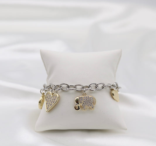 Two-Tone Crystal Charm Bracelet with Heart, Elephant & Pearl