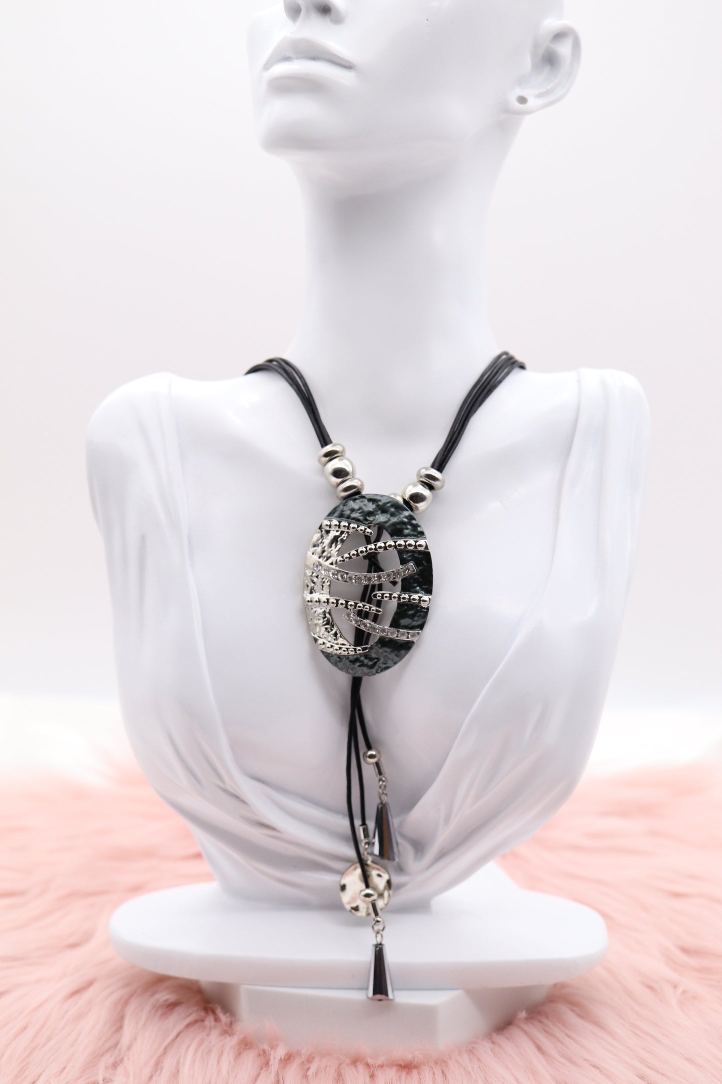 Metallic Black and Silver Pendant With Dangling Stones and Multi Black Rope Necklace