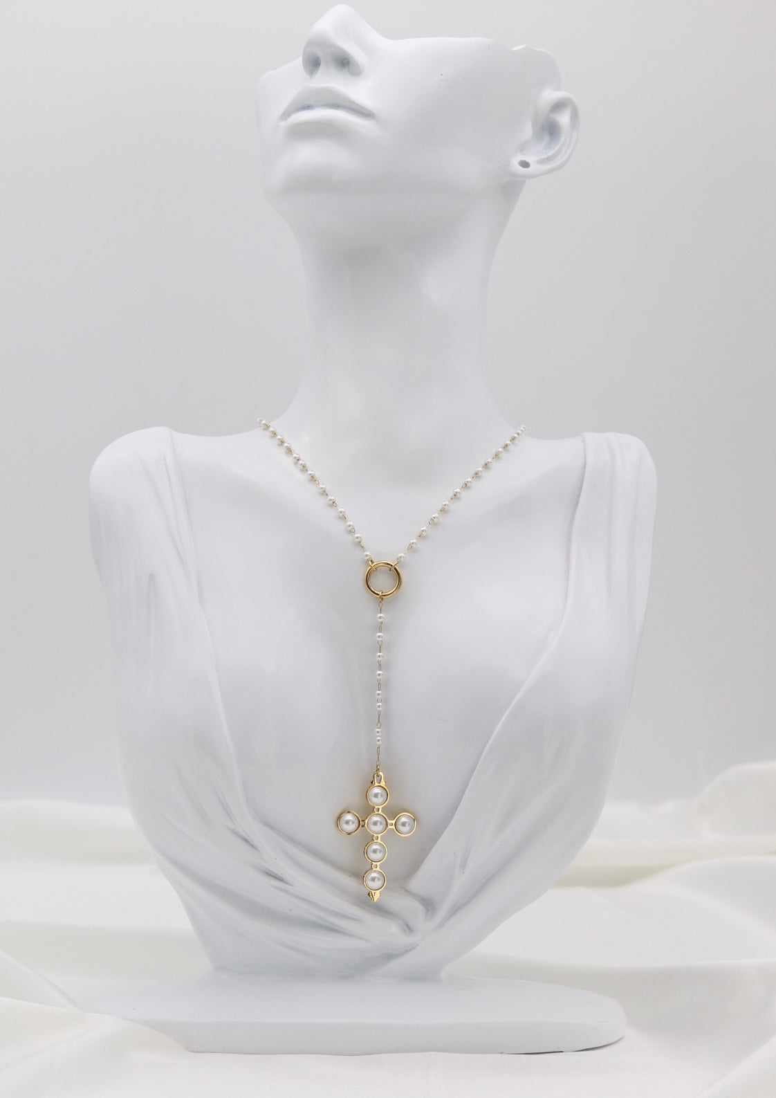 Pearl Beaded Cross Drop Necklace – Gold Tone Y-Style Statement