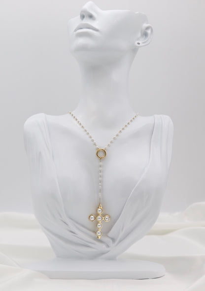Pearl Beaded Cross Drop Necklace – Gold Tone Y-Style Statement