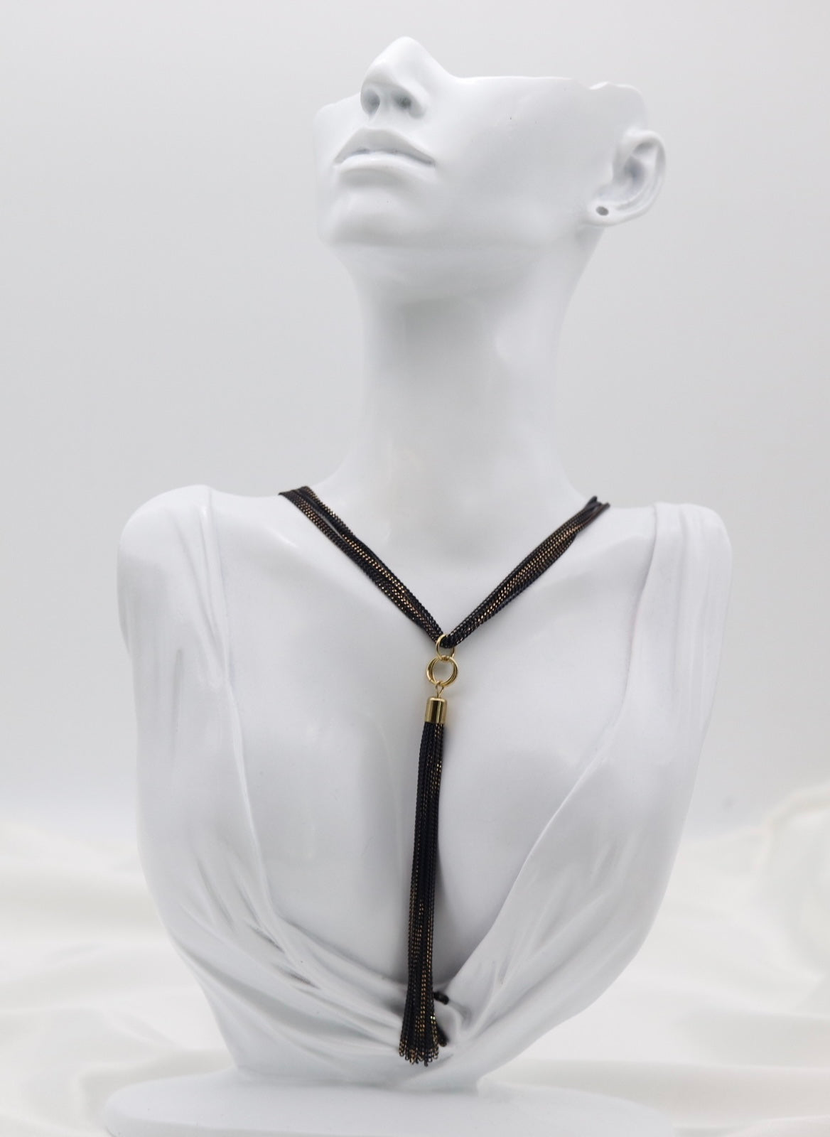 Black Multi-Strand Chain Tassel Necklace with Gold Accents