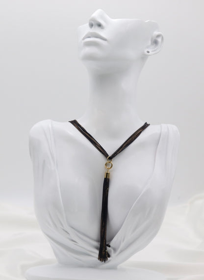 Black Multi-Strand Chain Tassel Necklace with Gold Accents
