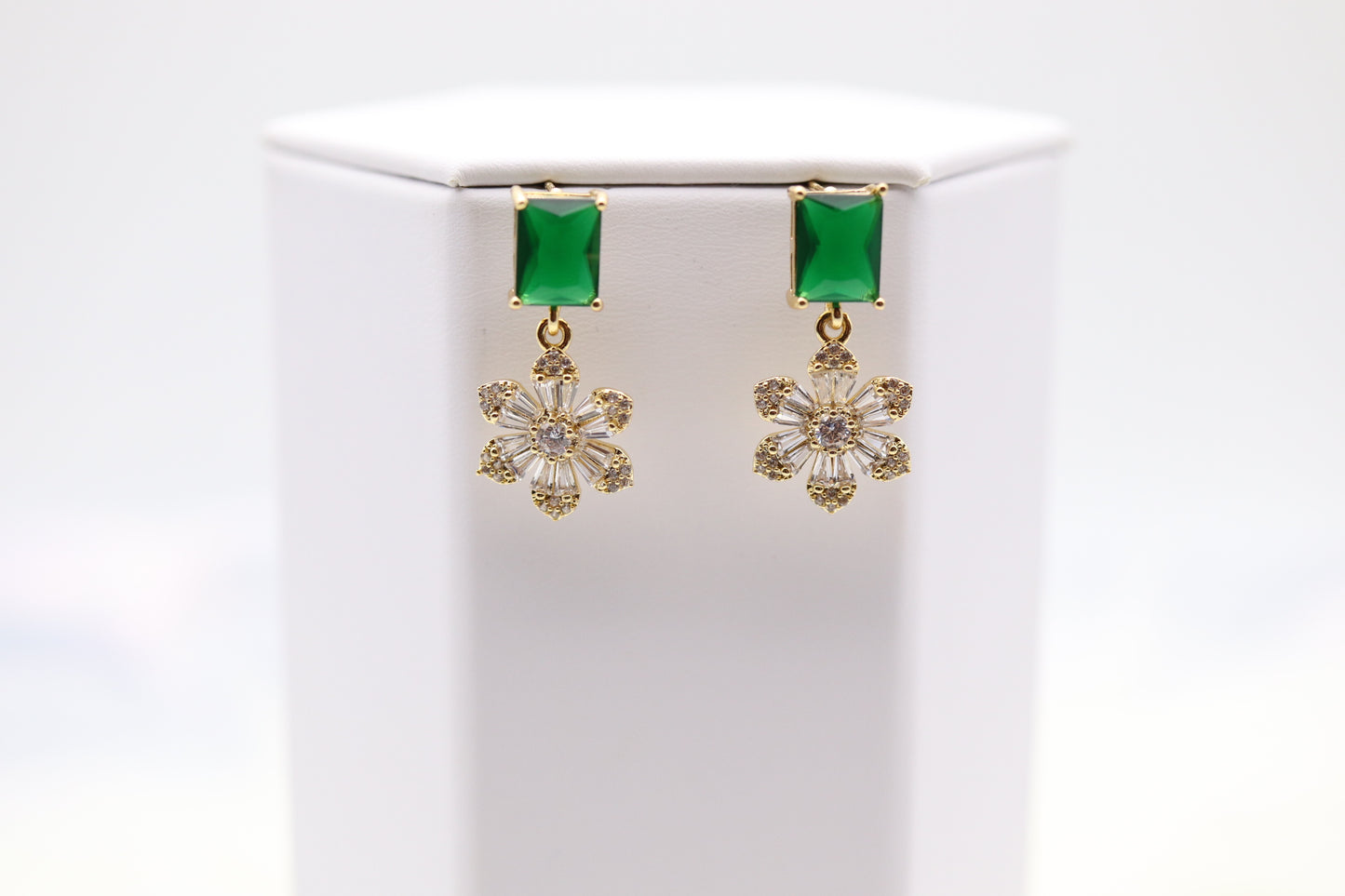 Emerald Green CZ With Fancy Cut Clear Flower Fashion Earrings