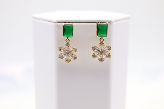 Emerald Green CZ With Fancy Cut Clear Flower Fashion Earrings