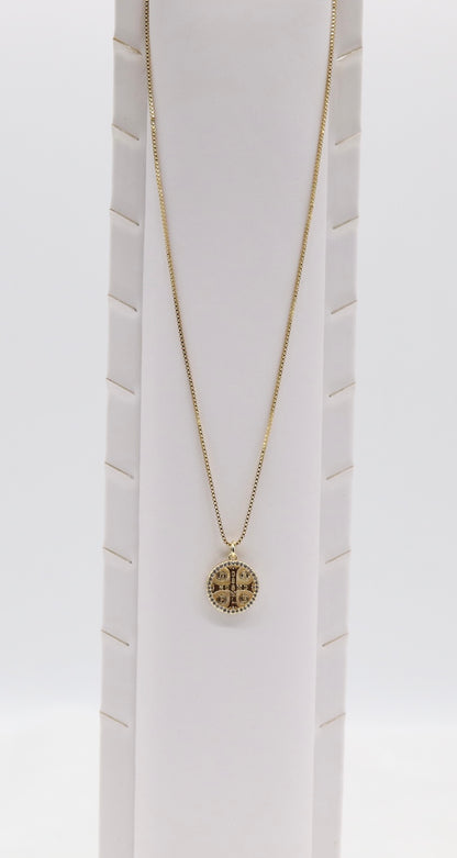 Gold Cross Medallion Necklace – Crystal Accent Round Pendant