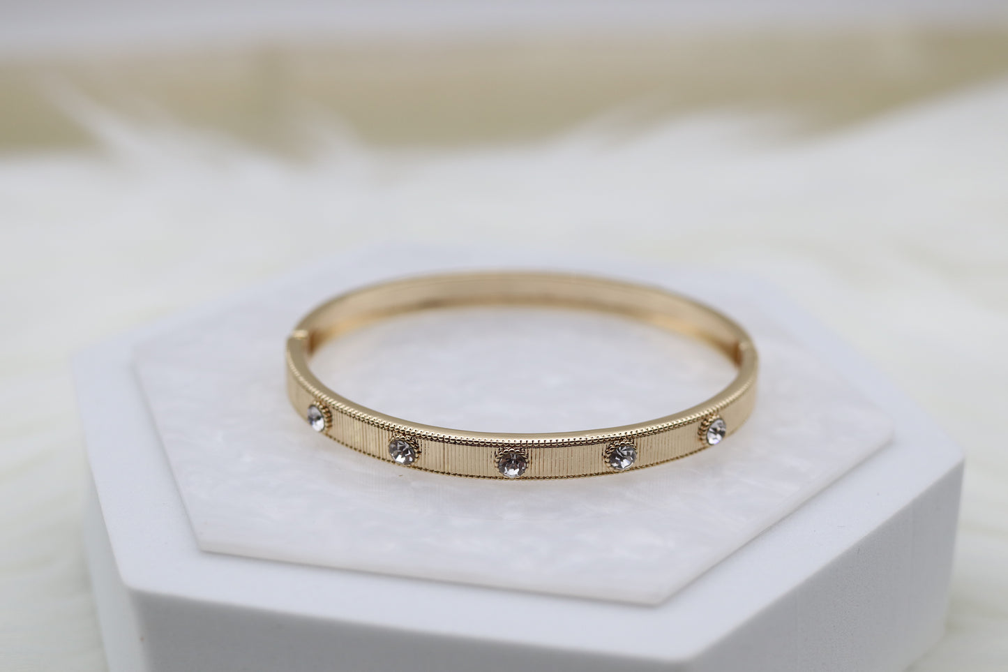 Gold Textured Hinge Bangle Bracelet With CZ Stations