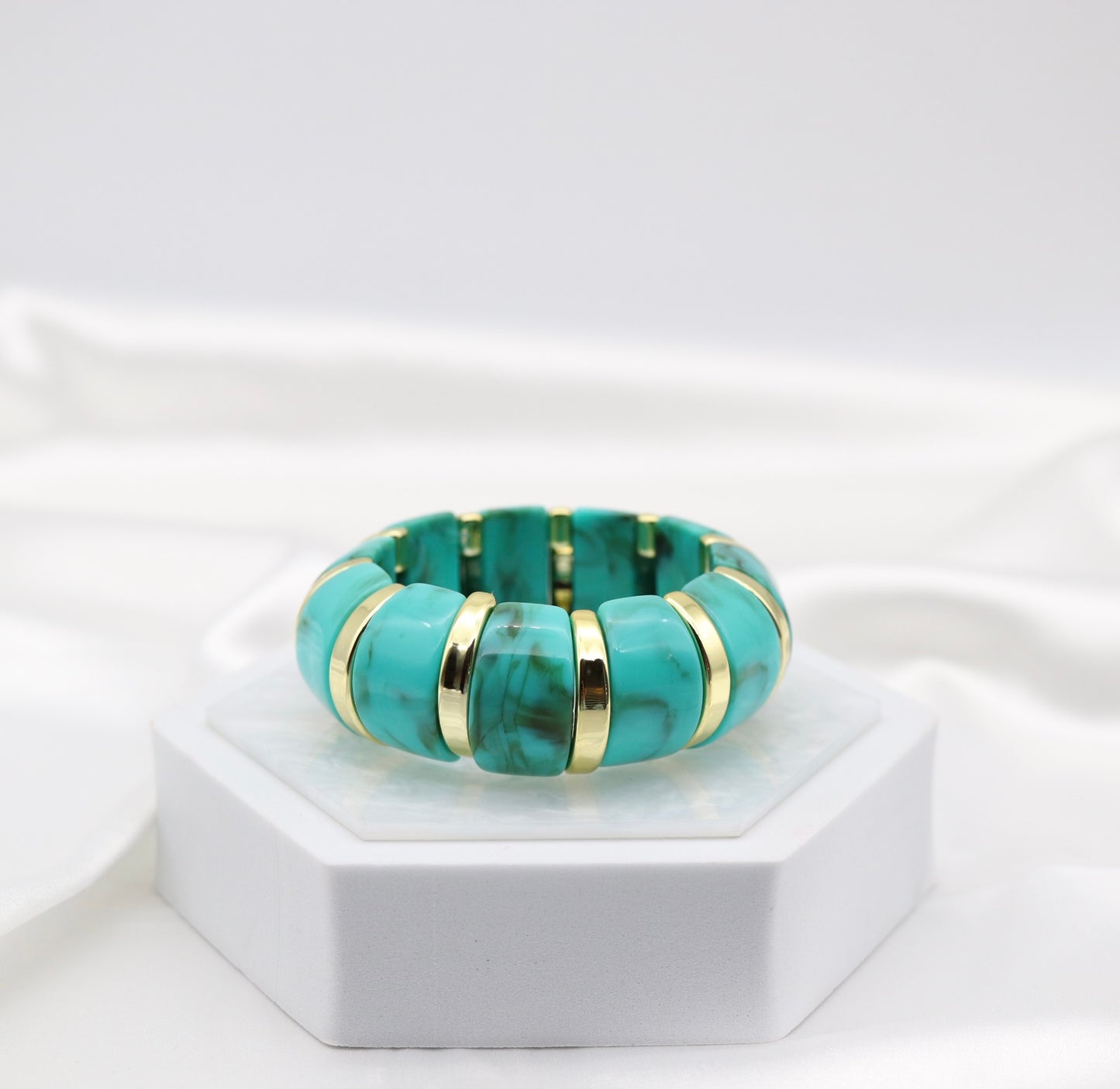 Turquoise Marble Stretch Bracelet with Polished Gold Accents