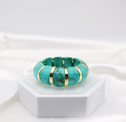 Turquoise Marble Stretch Bracelet with Polished Gold Accents