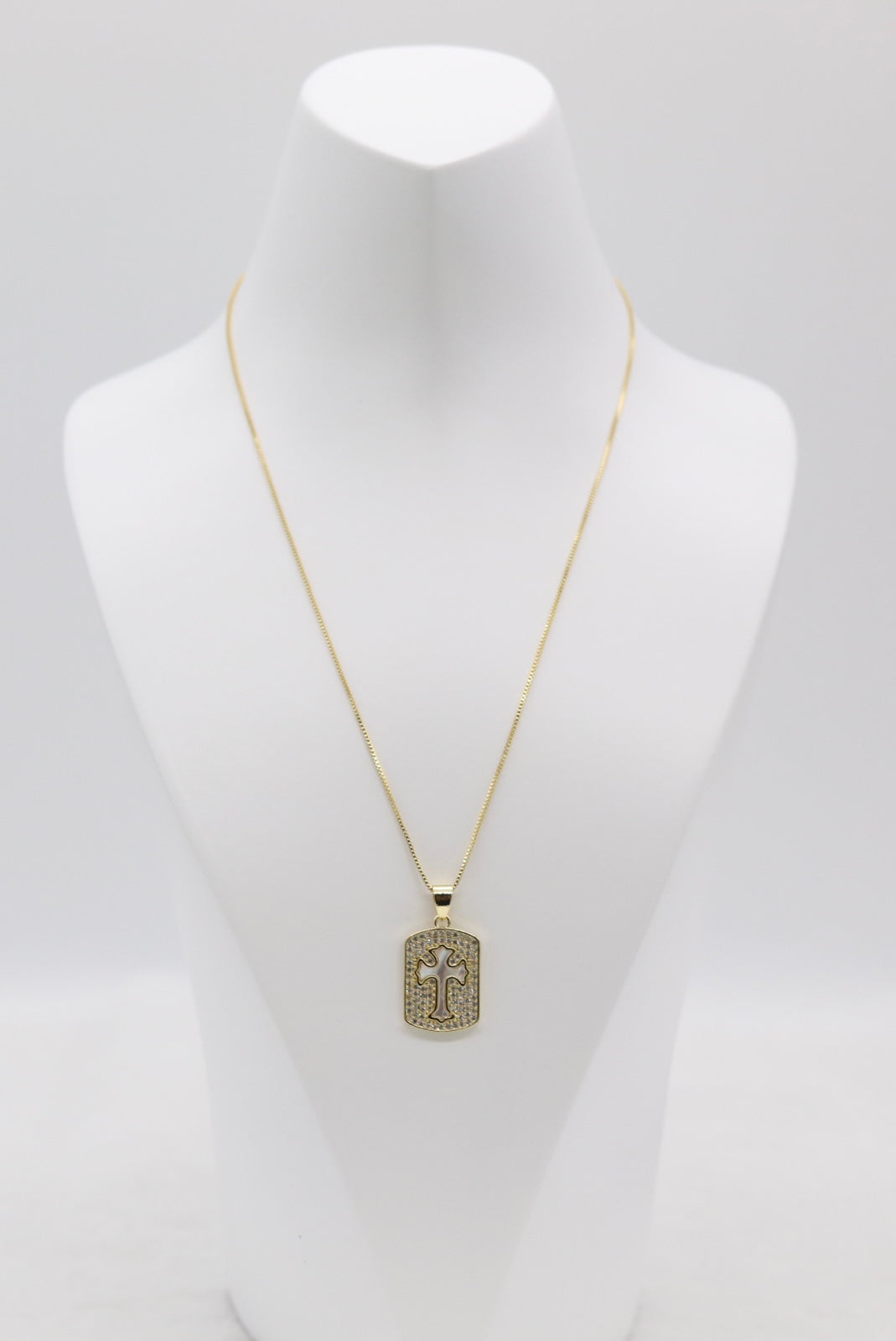Gold Cross Pendant Necklace – Crystal Pavé Dog Tag Design