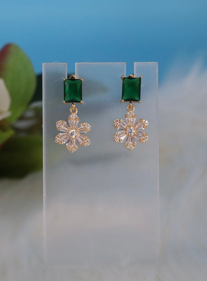 Emerald Green CZ With Fancy Cut Clear Flower Fashion Earrings