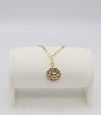 Gold Compass Pendant Necklace – Dainty Crystal Medallion with Evil Eye Detail