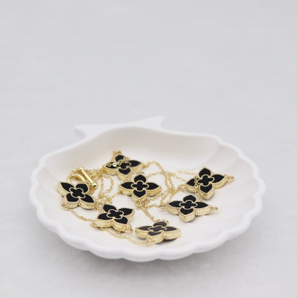Gold Clover Station Necklace with Black Enamel Accents