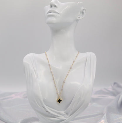 Black Clover Pendant Dainty Pearl Necklace