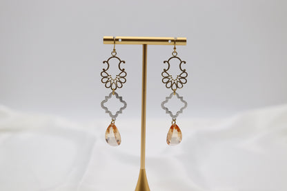 Filigree Dangling Peach Stone Earrings Made With Faceted Fancy Cut Cubics