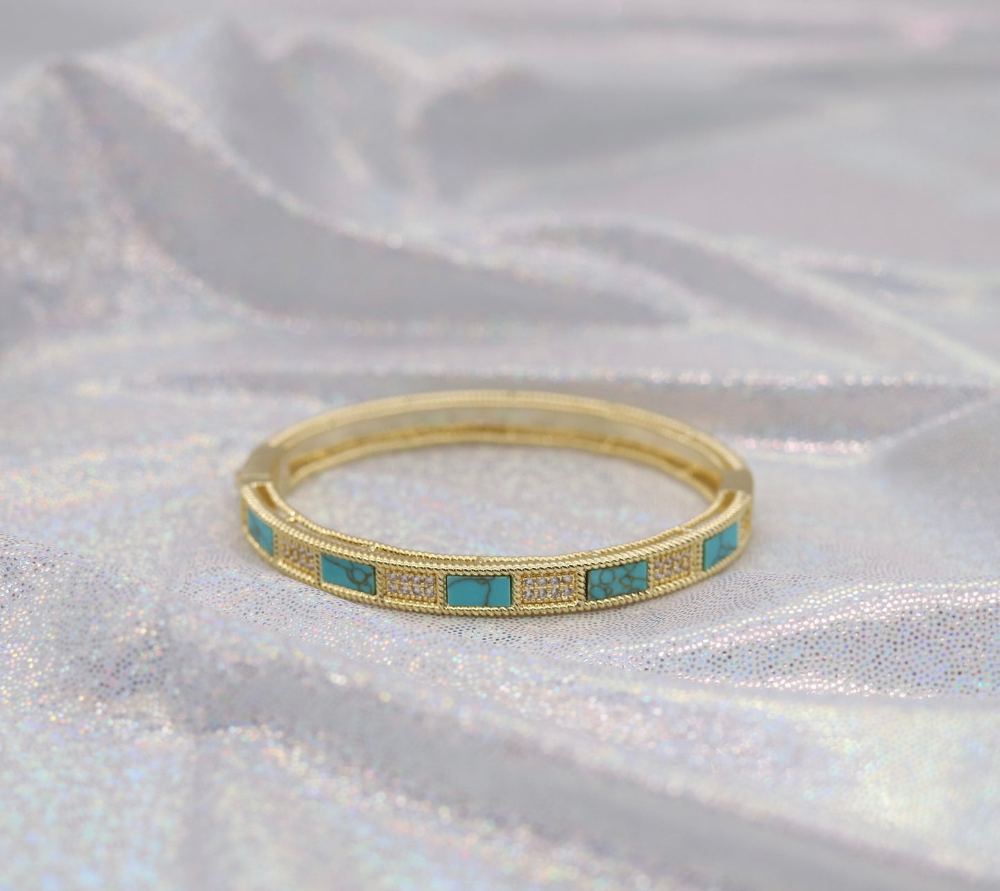 Gold Hinge Bangle Braclet With Turquoise And CZ Paved Stations