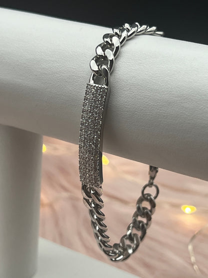 Small Silver Link With CZ Bar Bracelet