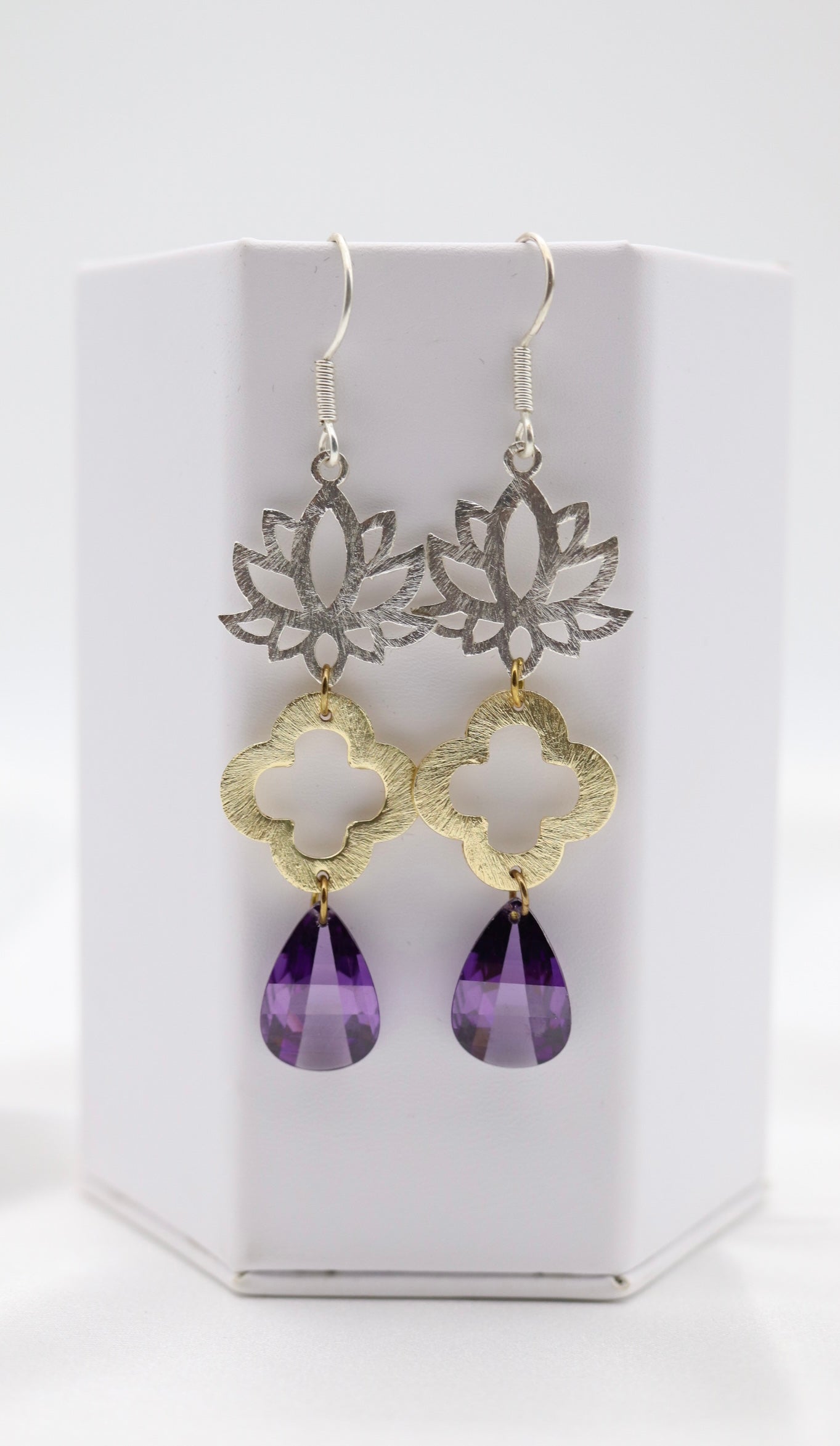 Filigree Dangling Purple Stone Earrings Made With Faceted Fancy Cut Cubics