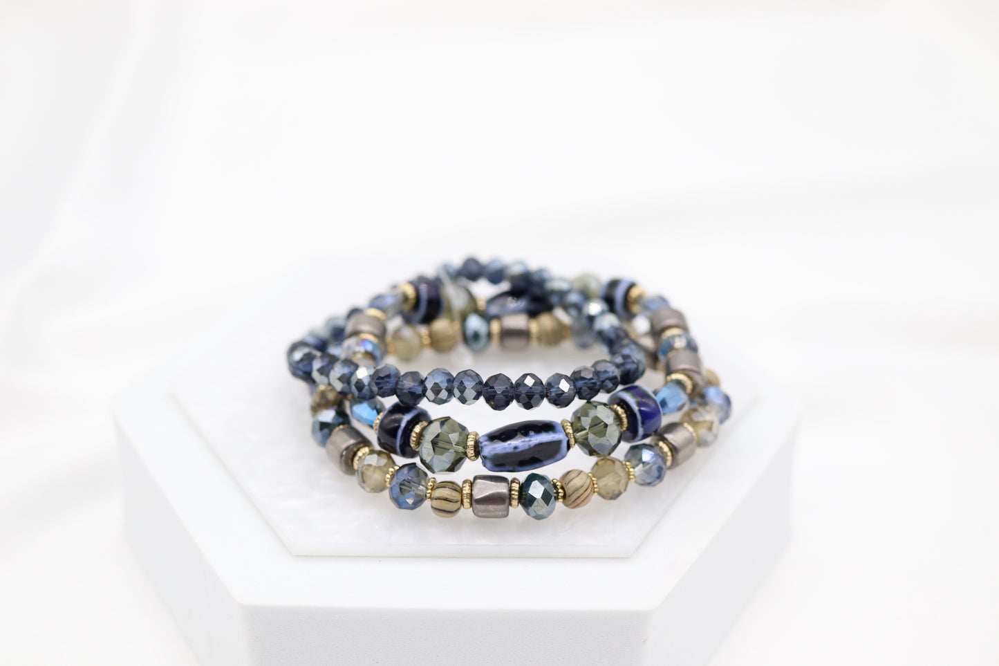 Gold Blue Grey Class Ceramic Bead Bracele Set